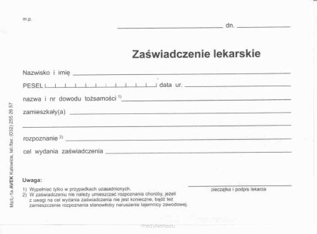 Zaświadczenie lekarskie bl. 100 szt. A-6