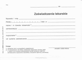 Zaświadczenie lekarskie bl. 100 szt. A-6